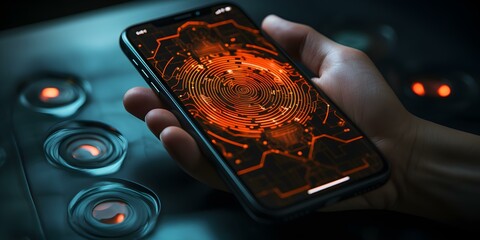 Unlocking Smartphone with Biometric Fingerprint Touch Technology. Concept Smartphone Security, Biometric Authentication, Fingerprint Sensor, Touch ID Technology - obrazy, fototapety, plakaty