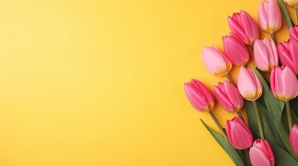 flat lay spring abstract flowers background of yellow tulips flower with hard shadow over pink, copy space, Generative AI - obrazy, fototapety, plakaty