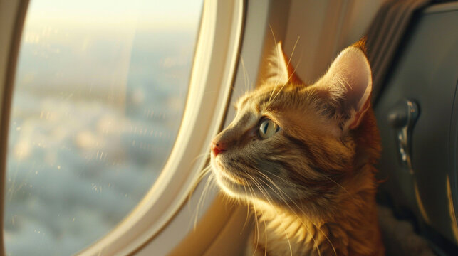 Contemplative Ginger Cat Gazing Out of an Airplane Window at a Stunning Sunset Cloudscape