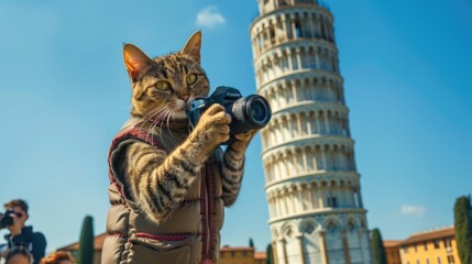Fototapeta na wymiar Adventurous Cat Photographer Taking Photos at the Leaning Tower of Pisa in Sunny Italy
