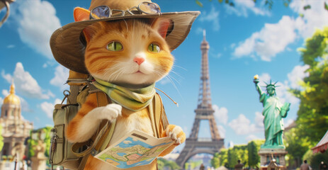 Adventurous Orange Tabby Cat as a World Traveler with Famous Landmarks, Dreaming of Global Journeys and Discoveries