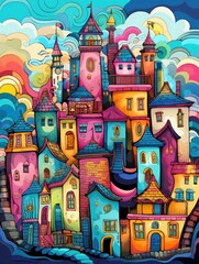 Vibrant Cityscape: A Painting Full of Colorful Buildings. Printable Wall Art.