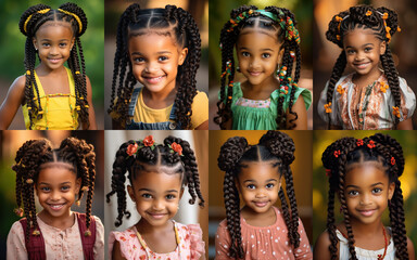 cute African American girl portrait wearing long hair braid, happy and optimistic atmosphere, Generative Ai - obrazy, fototapety, plakaty