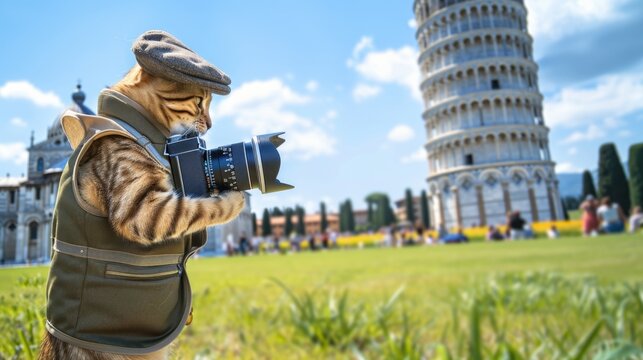 Adventurous Cat Photographer Taking Photos at the Leaning Tower of Pisa in Sunny Italy