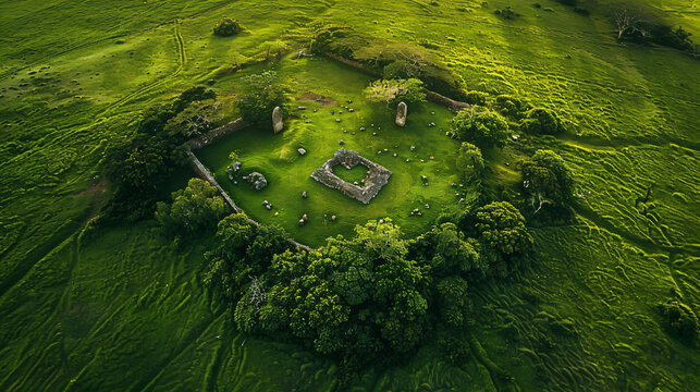 A breathtaking aerial view of a megalithic monument in a lush green field.
