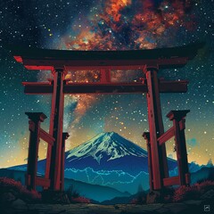 Illustration of Torii with Fuji mountain