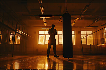 Silhouette photo of boxer training with punching bag in dark sports hall. Generative AI. - obrazy, fototapety, plakaty