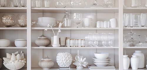 Gleaming glassware, polished metal accents, and sculptural objects adorn the pristine white...