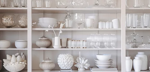 Foto op Plexiglas Gleaming glassware, polished metal accents, and sculptural objects adorn the pristine white shelves, creating a stunning symphony of modern design. © Tahira