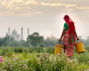 Fototapeta premium Woman in sari walking in field carrying buckets, world heritage day poster