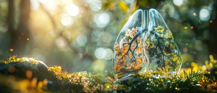 A glass pair of lungs, breathing in light, filled with a vibrant, undiscovered forest, each tree symbolizing a breath of life.  eco concept