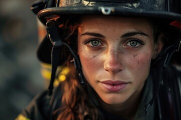Portrait of firefighter woman in uniform and helmet