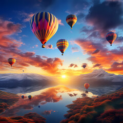 Colorful hot air balloons against a sunrise 