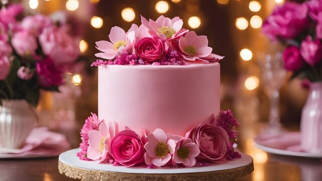 wedding pink cake with  rose petals ith rose petals, festival lights  isolated background with copy space.