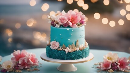 blue cake with  rose petals, festival lights  isolated background with copy space.