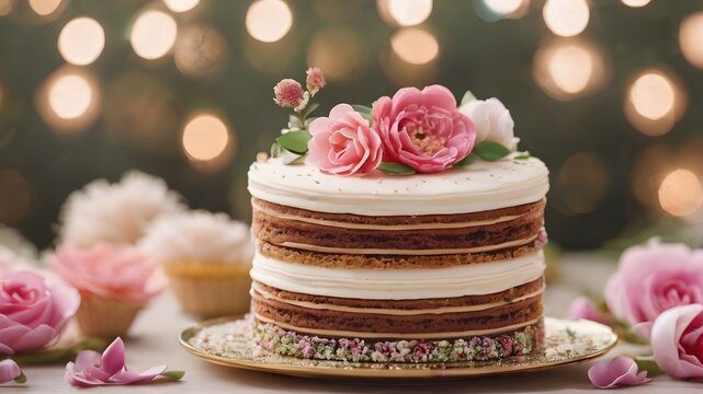 cake with  rose petals ,festival lights  isolated background with copy space.