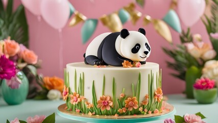 panda cake with candles and balloons on top, Animal party. Birthday celebration. 