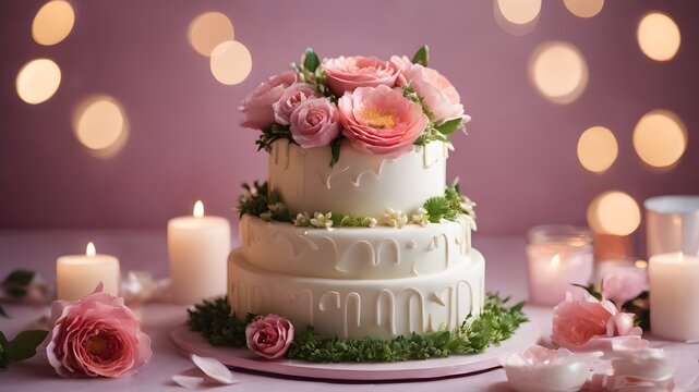 wedding cake with  rose petals, festival lights  isolated background with copy space.