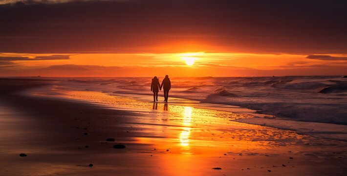 a couple enjoying a romantic sunset walk along the beach, hand in hand, with the golden sun casting a warm glow on the horizon High-resolution photograph