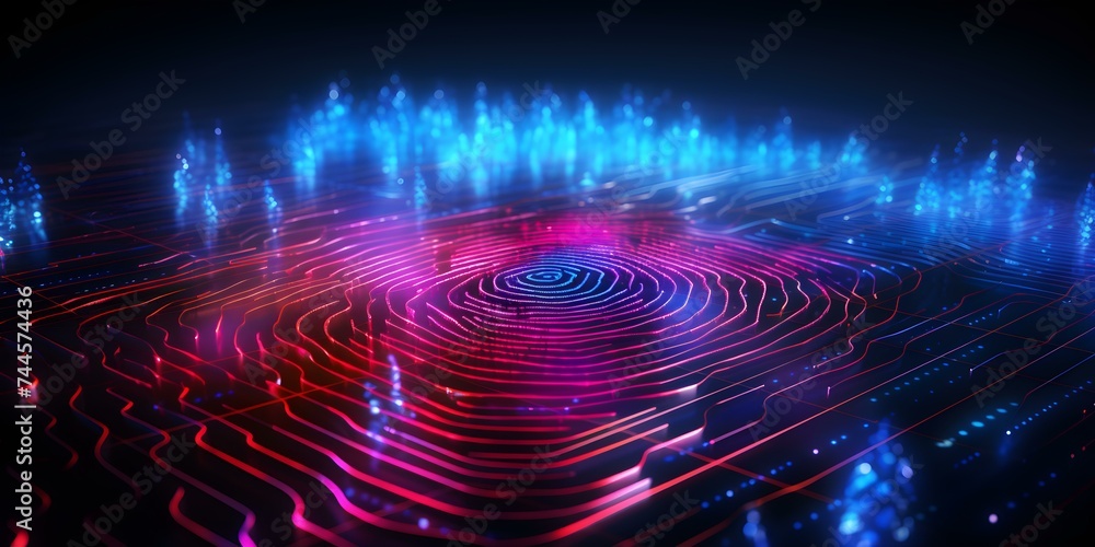 Poster enhancing data security and identification technology through abstract fingerprint and digital lines