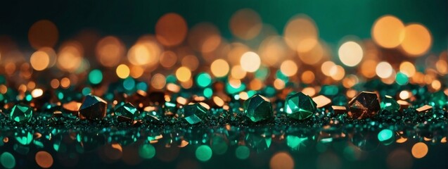 abstract glitter lights as the background. Alter the colors to copper and emerald green, maintaining the de-focused style and banner format. 