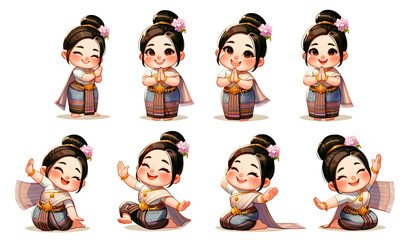 Fototapeta premium chubby Thai girl wearing traditional Thai attire, performing a beautiful Thai wai