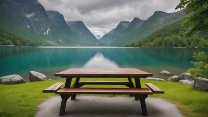 Picnic wooden bench  table near lake in the mountains - obrazy, fototapety, plakaty