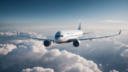 Naklejka premium Passenger airplane. Landscape with big white airplane is flying in the red sky over the clouds and sea at colorful sunset. Passenger aircraft is landing at dusk. Business trip. Commercial plane.Travel