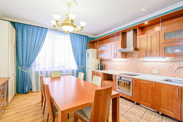interior kitchen and dining room, refectory area, cooking equipment, table furniture, stove