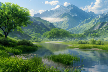 Fototapeta na wymiar Verdant hillside landscape with water and mountain backdrop