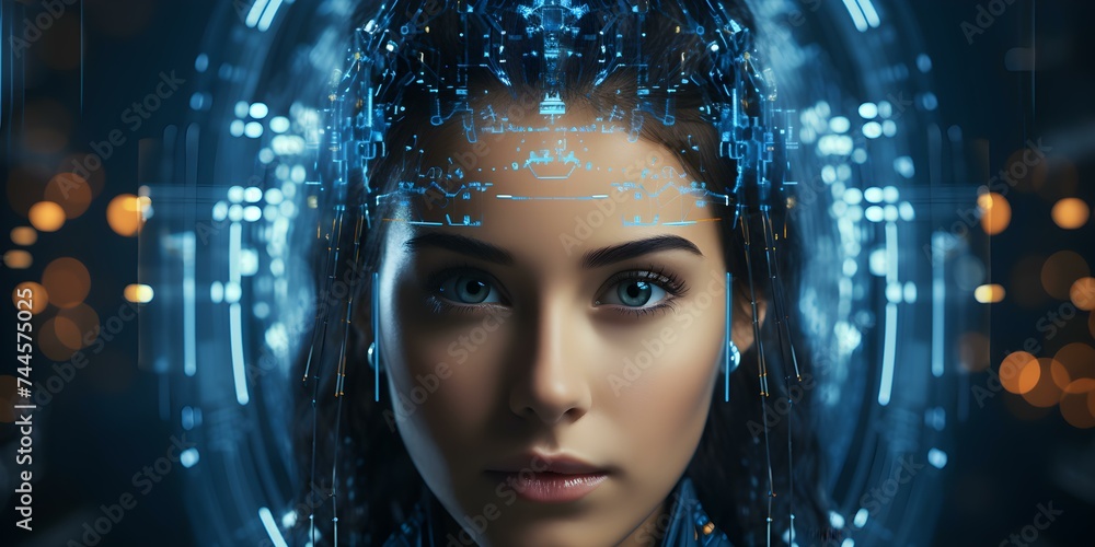 Poster facial recognition technology utilizing eye scanning for access verification in a futuristic concept
