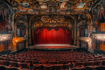 Grand Renaissance theater with ornate box seats, plush velvet curtains, and a stage. - obrazy, fototapety, plakaty