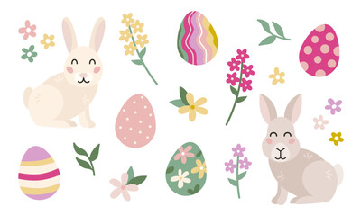 Easter spring element set with cute rabbit, eggs, flowers.