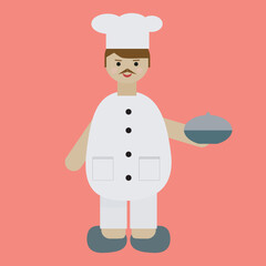 Chef with a tray of food on a rot background. Vector graphics