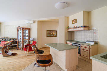 interior kitchen and dining room, refectory area, cooking equipment, table furniture, stove
