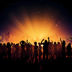 Fototapeta na wymiar Silhouettes of people dancing at a music festival 