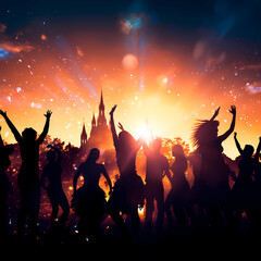 Fototapeta na wymiar Silhouettes of people dancing at a music festival 