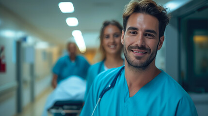 Fototapeta premium Joyful Paramedic with Stretcher Assisting Patient