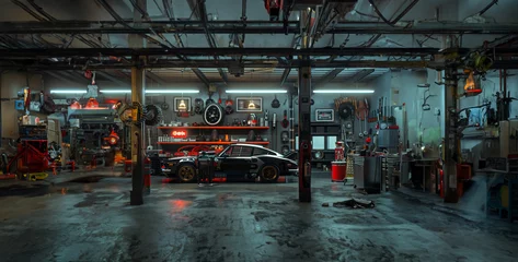 Tuinposter old abandoned factory, a mechanic performing routine maintenance on a car in an auto repair shop, checking fluids and inspecting components for optimal performance High-resolution © Kashif