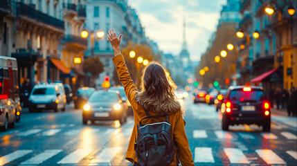 une femme vue de dos lève la main pour appeler un taxi dans une rue parisienne - obrazy, fototapety, plakaty
