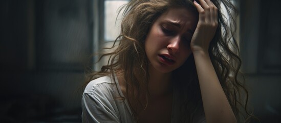 Fototapeta premium Distraught woman holding her head