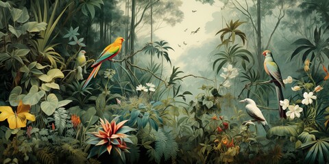 Obraz na płótnie Canvas wallpaper jungle and leaves tropical forest birds old drawing vintage