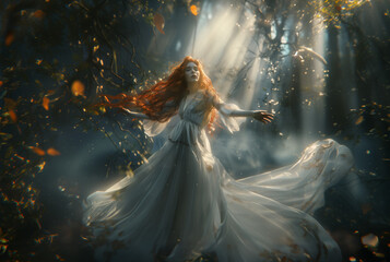 Mystical Redhead Woman Floating in Enchanted Forest