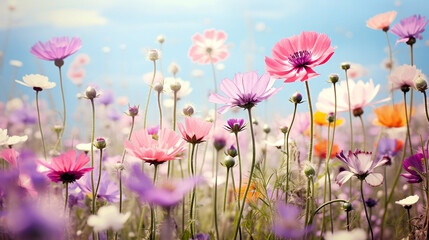 colorful fresh flowers on a meadow in spring - 744577057