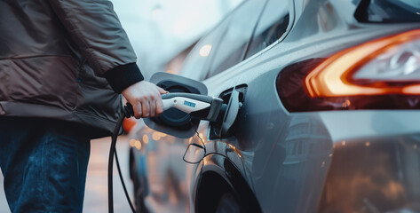 car wash in the garage, Man holding power supply cable at electric vehicle charging station High-resolution photograph