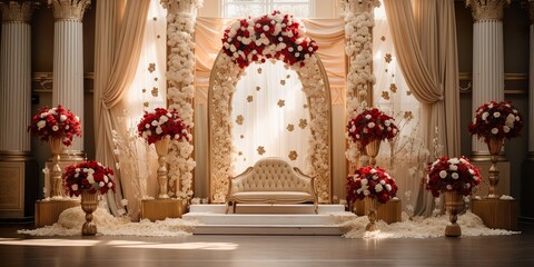 white with golden curtain christian wedding stage with red flowers frames
