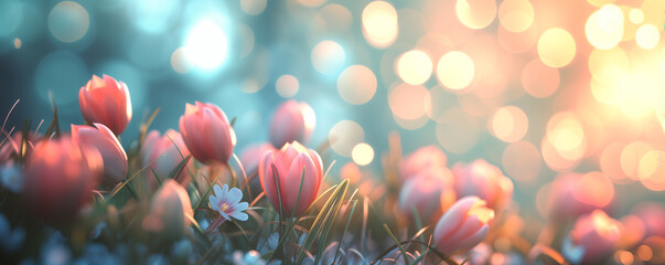 Abstract bokeh design. Pink spring flowers and glitter. Happy Easter template celebrate.