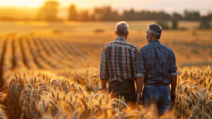Senior Friends Sharing Moment in Wheat Field.
Two senior men enjoying sunset in wheat field.