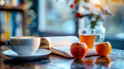  Tea Time by the Window on Rainy Day. Hot tea and book on table by rainy window. © AI Visual Vault
