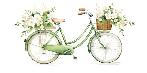 Watercolor green bycicle with flowers. Wedding floral bycicle. Green vintage style bycicle in countryside landscape. Farm and countryside element